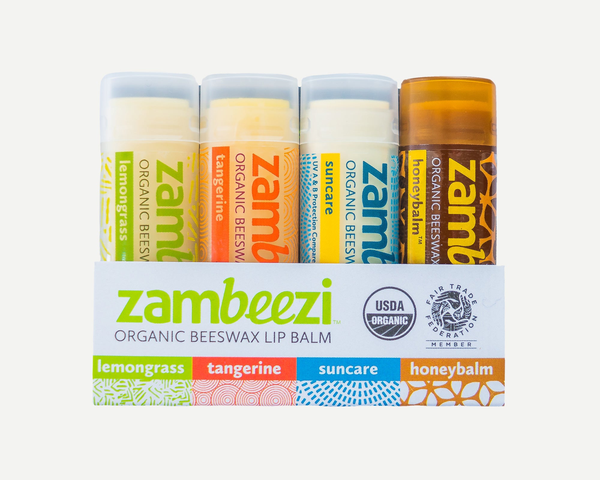 Variety 4-Pack - Zambeezi Organic, Fair Trade Beeswax Lip Balm